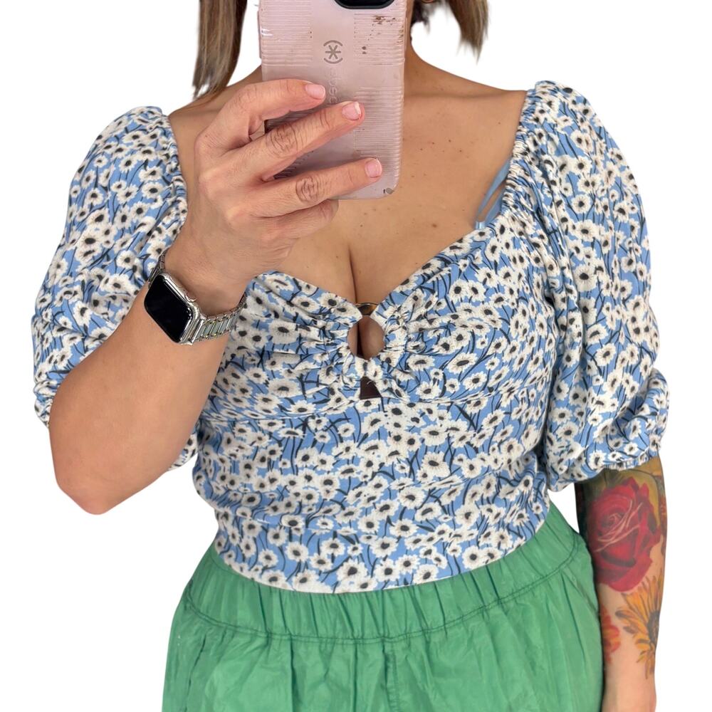Hutch Anthropologie blue floral smocked crop top